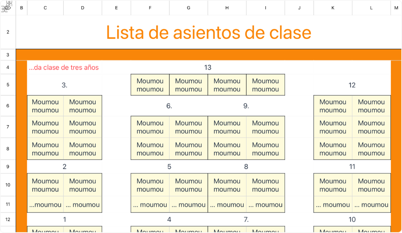 Tabla de asientos de clase 1